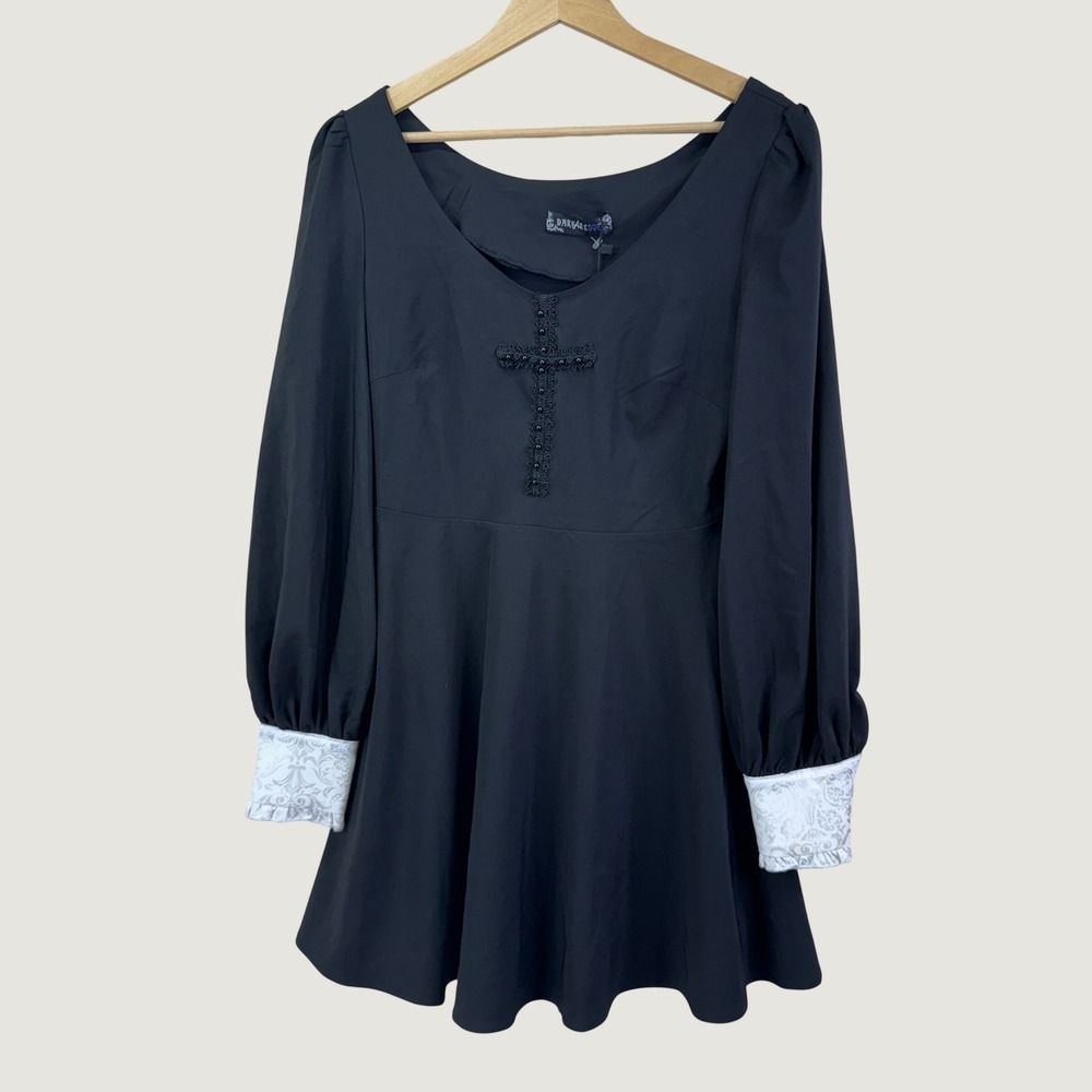 Dark In Love Goth Cross Mini Dress M Black Victorian Lolita Long Sleeve‎ Alt NEW